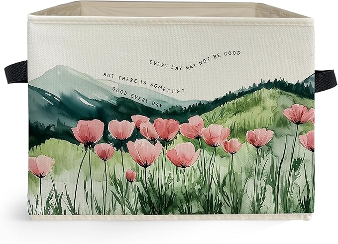 Inspirational Mountain Wildflower Storage Box Bins, Motivational Quote Floral Mountain Collapsible Storage Basket Organizer for Bedroom Laundry Room Home Clothes Books, Decor for Room