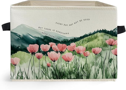Inspirational Mountain Wildflower Storage Box Bins, Motivational Quote Floral Mountain Collapsible Storage Basket Organizer for Bedroom Laundry Room Home Clothes Books, Decor for Room