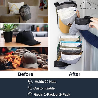 Dome Dock The Original USA-Made Hat Rack and Compact Hat Organizer for Wall Installation, 20 Hat Capacity, Black (2 Pack)