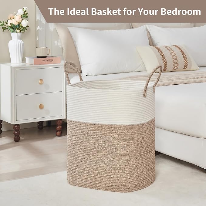 AINUOQI Laundry Basket with Handles - Blanket Basket & Hampers for Bedroom Aesthetic, Laundry Hamper & Blanket Storage for Living Room, Clothes Hamper, Tall, Large 17" x 14" x 26”, White & Rice Brown