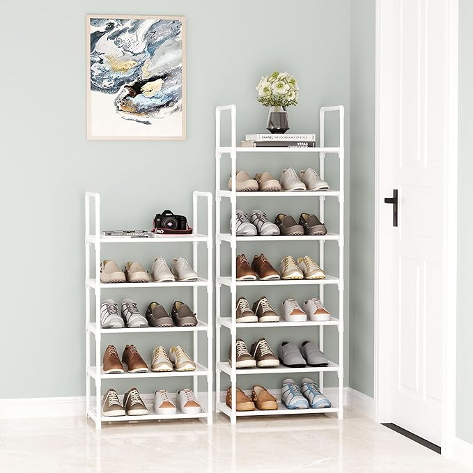 5-Tier Shoe Rack with Handrails, Stackable Narrow Shoe Storage for Entryway, 17.5" W x 11.4" D x 35.4" H, Space Saving Small Shoe Stand for Closet Hallway Dorm, Multi-Functional Shelf(White)