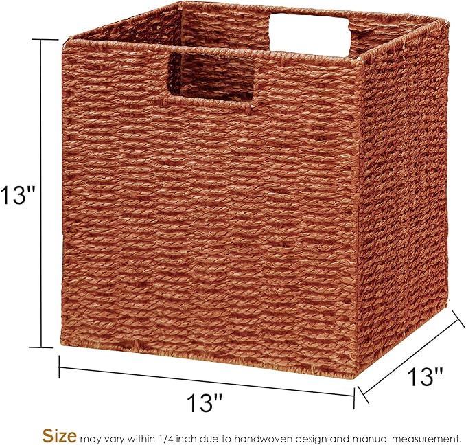 Vagusicc Wicker Storage Basket, Set of 2 Hand-Woven Paper Rope Wicker Basket, Foldable Cube Storage Bins, Square Large Storage Baskets for Organizing Shelves & Decor, Orange (13″×13″×13″)