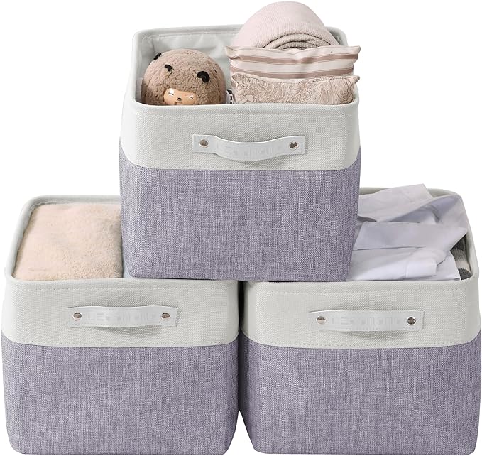 DECOMOMO Storage Bins, Large Fabric Storage Baskets for Shelves, Decorative Linen Closet Organizer, 15 x 11 x 9.5 inches (Purple & White, 3 Pack)