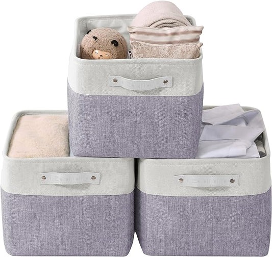 DECOMOMO Storage Bins, Large Fabric Storage Baskets for Shelves, Decorative Linen Closet Organizer, 15 x 11 x 9.5 inches (Purple & White, 3 Pack)