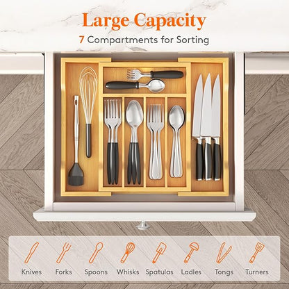 Lifewit Silverware Drawer Organizer, Expandable Utensil Tray for Kitchen, Flatware and Cutlery Holder, Wood Adjustable Storage for Spoons Forks Knives, 9.4-15.7x13", Natural