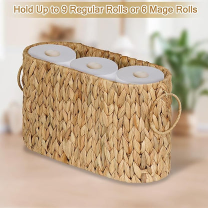 efluky Toilet Paper Storage Basket, Water Hyacinth Slim Toilet Paper Holder- Holds Up to 9 Mega Rolls, Home Bathroom Decor Organizer