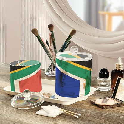DOMIKING South Africa Flag 2 Pack Bathroom Canisters Cotton Swab Holder Dispenser Plastic Cotton Ball Jar Acrylic Storage Containers for Hair Clips Floss Picks Cotton Ball