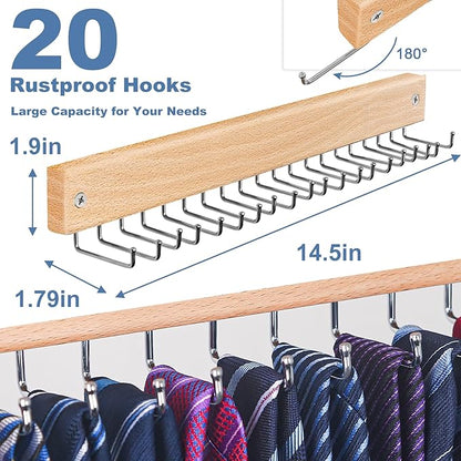 Belt and Tie Organizer for Closet, Tie and Belt Rack Wall Mounted with 20 Storage Hooks, Non Slip 180 Degree Rotating Tie Holder Belt Hanger for Closet / Wall Mount