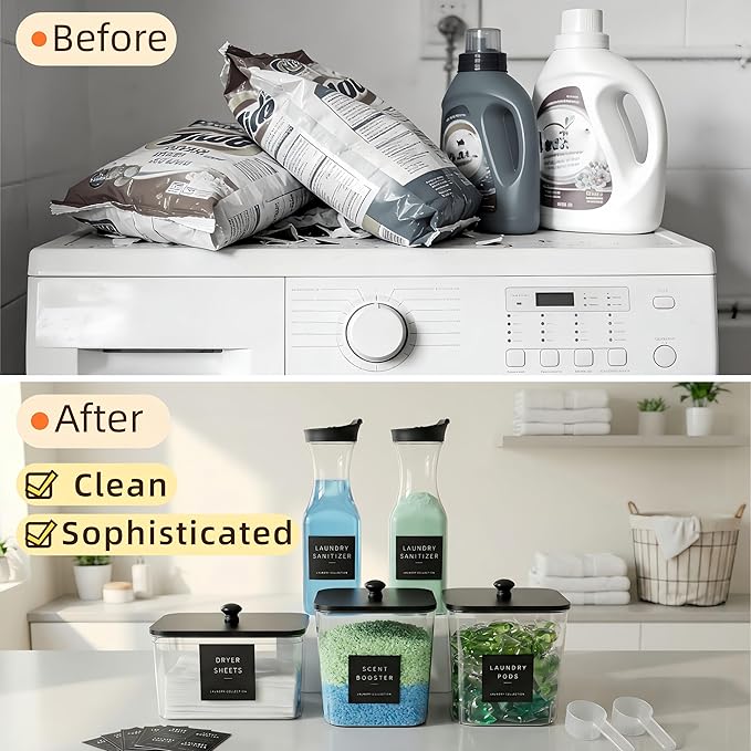 3+2 Pack Laundry Pods Containers & Dryer Sheet Holder & Laundry Detergent Dispenser, Laundry Room Organization and Storage Jars with Lids, Labels and Scoops for Scent Booster, Powder, Pods