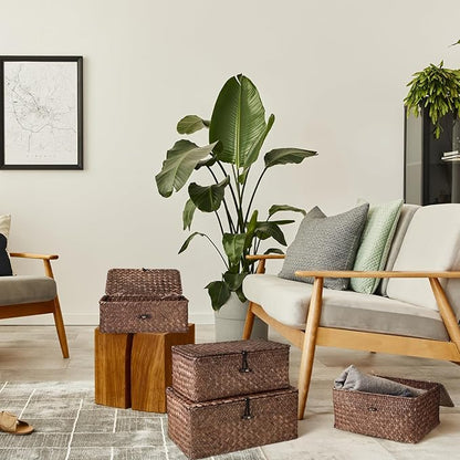 Woanger Set of 4 Wicker Baskets with Lids, Nautral Seagrass Storage Baskets, Woven Rectangular Basket Bins, Rattan Storage Organizer for Shelf Closet Bedroom(Coffee)