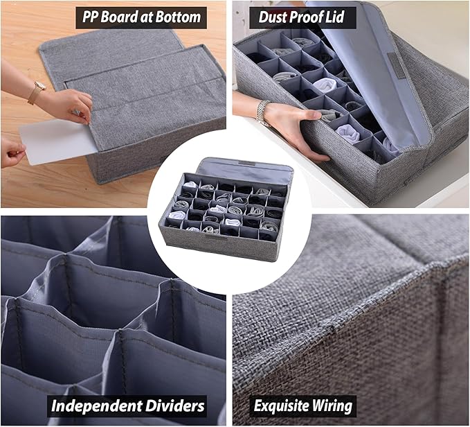 AARAINBOW Underwear Socks Ties Storage Organizer with Lids Foldable Closet Drawer Organizer 30 Cells, Fabric Wardrobe Divider Storage Box for Scarves and Lingerie (30 Cell, Gray)