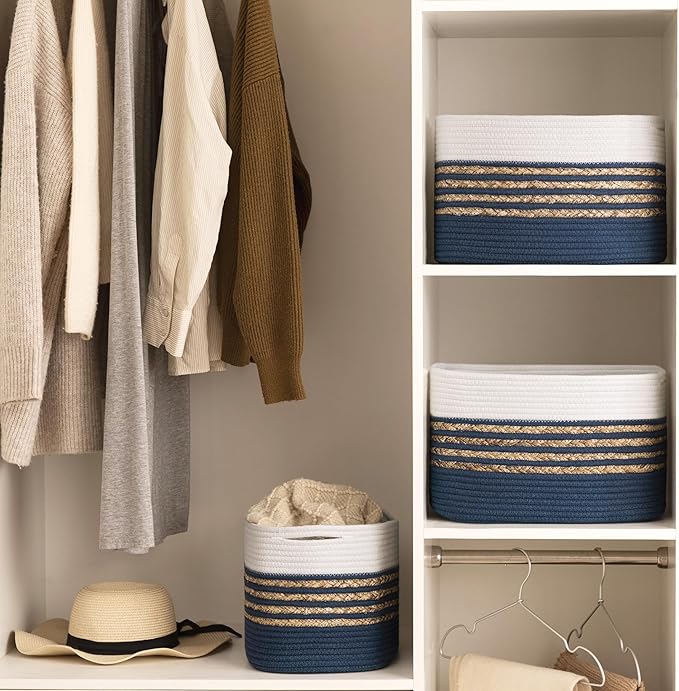 UBBCARE 3 Pack Baskets for Organizing, Woven Storage Baskets for Toys and Towel, Rectangle Cotton Rope Basket with Handles, 14''L x 8''W x9''H, Navy Blue