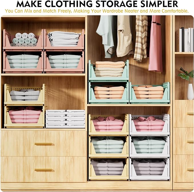 SNSLXH 5 Pack Stackable Closet Organizer Box, Multifunctional & Foldable Closet Storage Basket for Bathroom Kitchen Laundry Room Wardrobe Storage, Space-Saving Clothes Storage Drawer Organizer, Yellow