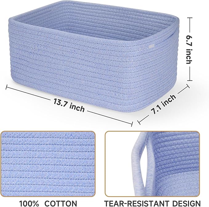 3-Pack Storage Baskets for Organizing | Woven Shelf Toy Basket | Rope Baskets for Gifts Empty | Closet Organizer Bins with Handles | Cube Decorative Box | 13.7×7.1×6.7” | Sky Blue