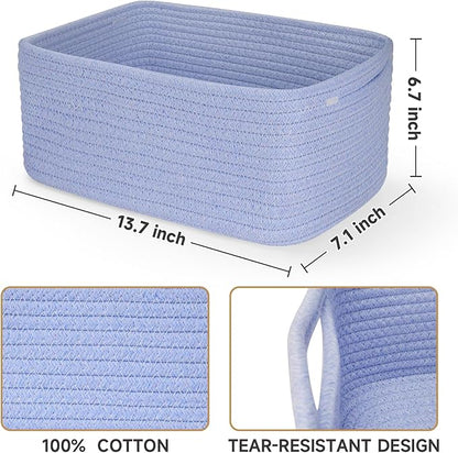 3-Pack Storage Baskets for Organizing | Woven Shelf Toy Basket | Rope Baskets for Gifts Empty | Closet Organizer Bins with Handles | Cube Decorative Box | 13.7×7.1×6.7” | Sky Blue