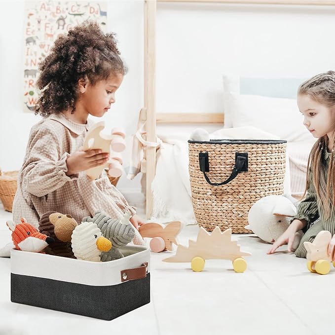 DULLEMELO Small Storage Bin, Collapsible Rectangular Fabric Basket for Organizing, Shelves, Closets, Nursery, Home, Office, Empty Gift Basket (White&Black)