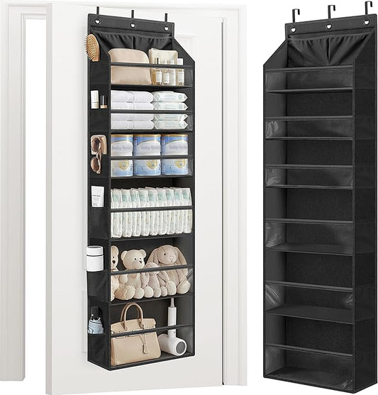 STORAGE MANIAC Over the Door Organizer Large Capacity Hanging Organizer, Clear Deep Pockets Behind Door Closet Organizer and Storage for Nursery, Bathroom, Bedroom, Pantry, 1 Pack Black