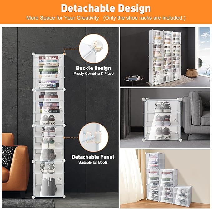 12-Tier 72 Pair Shoes Box Foldable Storage Organizer Shoe Rack Portable DIY Shoe Cabinet Plastic Transparent Clear Shoe Storage Boxes Stackable for Closet Boot Sneaker Space Saving (3 * 12)
