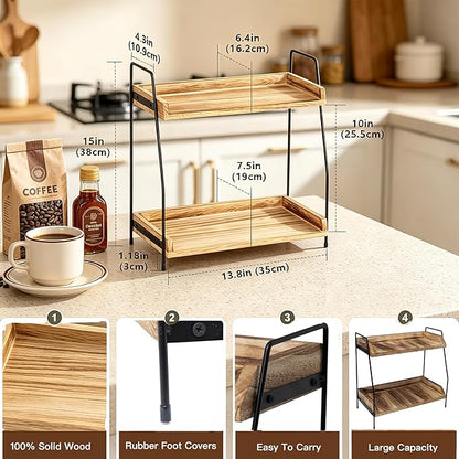 QUALLON Coffee Bar Accessories and Organizer, Coffee Station Organizer 2 Tier Bathroom Counter Organizer, Wood Coffee Tray, Bathroom Vanity Organizer, Countertop Shelf for Kitchen, Coffee Lover