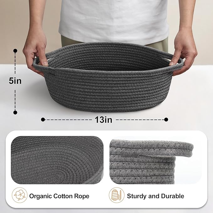 MEGASKET Small Rope Basket, Baskets for Gifts Empty, Cute Woven Basket for Dog Toy, Cat Toy Bin Box, Wicker Organizing Basket for Book, Baby Diaper, Towels, Snack, 13” x 9” x 5”, Dark Gray