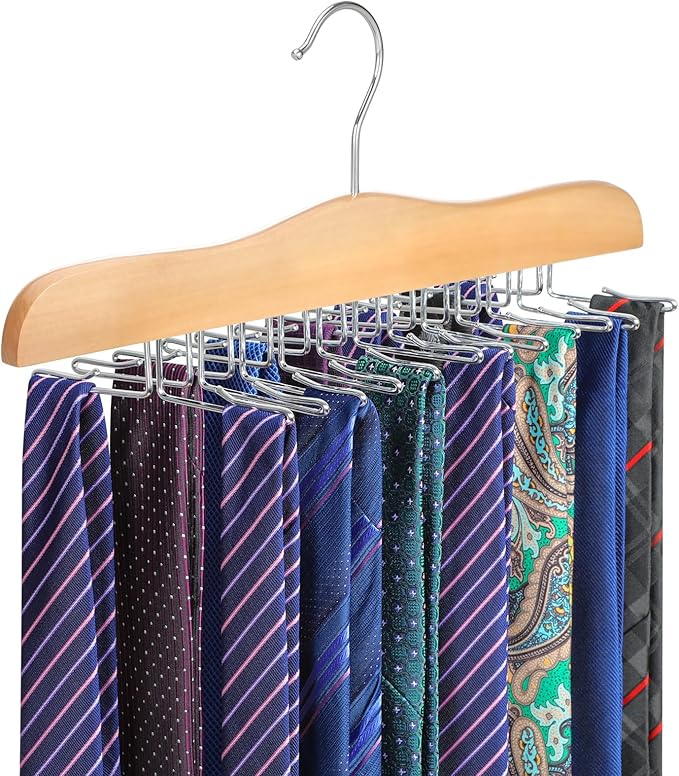 TOPIA HANGER Tie Rack Hanger for Closet, Wooden Tie Organizer for Men with 24 Folding Hooks, Space Saving Necktie Holder for Storage and Display Bra, Tank Top, Camisole (1-Pack), Natural- CT14N