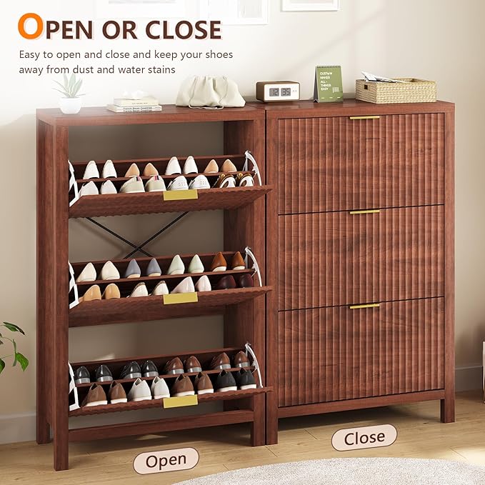 YOMILUVE Shoe Cabinet Storage for Entryway, Fluted Shoe Cabinet with 3 Flip Drawers, Hidden Shoe Rack Tall Freestanding Shoe Organizer with Legs for Hallway, Walnut