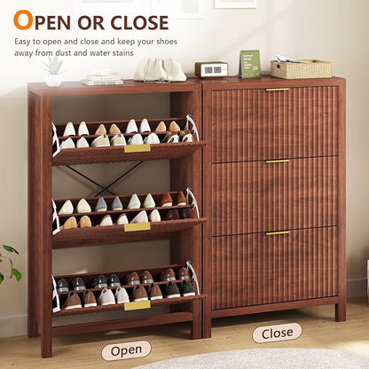 YOMILUVE Shoe Cabinet Storage for Entryway, Fluted Shoe Cabinet with 3 Flip Drawers, Hidden Shoe Rack Tall Freestanding Shoe Organizer with Legs for Hallway, Walnut