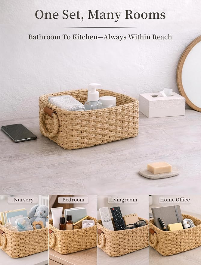 Storage Basket, Recycled Paper Rope Basket Organizer, 3Pcs Small Baskets for Organizing, Mini wicker Basket for Decorative Storage Bins, Shelves, Cabinet - Brown