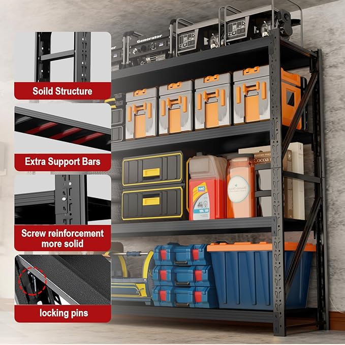 60" W Garage Shelving Heavy Duty, 5000lbs 4-Tier Metal Adjustable Garage Shelves, Storage Shelves for Warehouse, Pantry, Basement, 60" W X 20" D X 79" H (Black, 60x20x79)