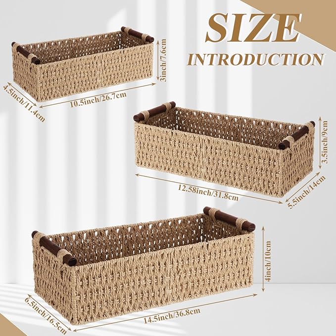 Boao 3 Pcs Boho Storage Wicker Baskets Handmade Woven Decorative Paper Rope Baskets for Organizing with Handle Countertop Toilet Paper Storage Container for Toilet Tank Top(Camel,Rectangle)
