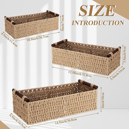 Boao 3 Pcs Boho Storage Wicker Baskets Handmade Woven Decorative Paper Rope Baskets for Organizing with Handle Countertop Toilet Paper Storage Container for Toilet Tank Top(Camel,Rectangle)