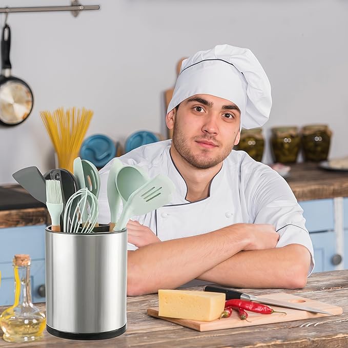 LIBODOUR Utensil Holder,4-in-1 Large Kitchen Utensil Holder For Counter,Rotating Silverware Organizer Cooking Flatware Spoon Spatula Tool Cutlery Container Stainless Steel Caddy
