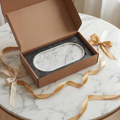 YKAJO Oval Real Marble Tray for Bathroom Kitchen Counter Stone Decorative Vanity Tray for Dresser Perfume Heavy Catchall Organizer for Soap Jewelry (Carrara White, 11.8" x 5.9")