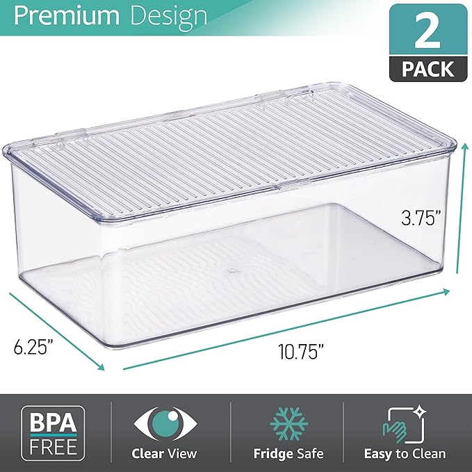 Sorbus Pantry Storage Organizer with Lids- Clear Plastic Refrigerator Organizer Bins- Multi Purpose & Versatile Stackable Cabinet Organizers- Cosmetics, Laundry, Office Supplies Food Organizer- 2 Pack