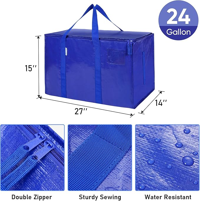 TICONN 8 Pack Extra Large Moving Bags Heavy Duty with Zippers & Carrying Handles, Durable Storage Bags Moving Boxes for Closet Organizers and Storage (8 Pack, Blue)