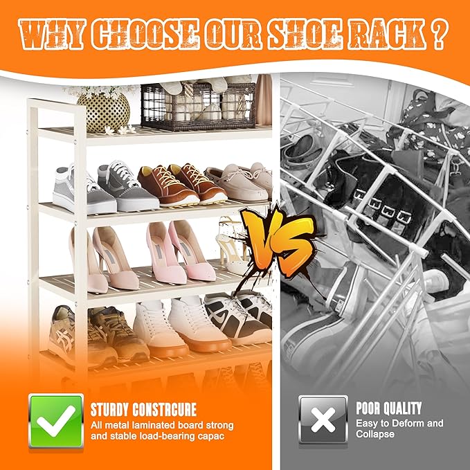 3-Tier Heavy Duty Metal Shoe Rack, 200 lbs Load Capacity Shoe Organizer with Reinforced Steel Tubes, No-Wobble Free Standing Shoe Shelf for Entryway, Closet, Bedroom, Dorm – Easy Assembly, Black