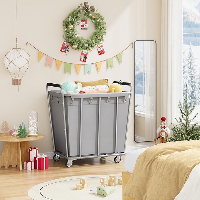 Hoctieon Large Laundry Cart with Wheels, 400L Heavy Duty Laundry Basket Organizer, Rolling Hamper Sorter for Clothes Storage, Industrial Dirty Clothes Hamper for Home & Hotel, Gray