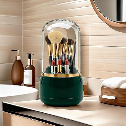 Toothbrush Holder with Lid Cosmetic Tools Organizer 360 Rotating 7-Slot Draining Waterproof Dustproof Make Up Brushes Toothbrush Storage for Dresser Vanity Bathroom Countertop