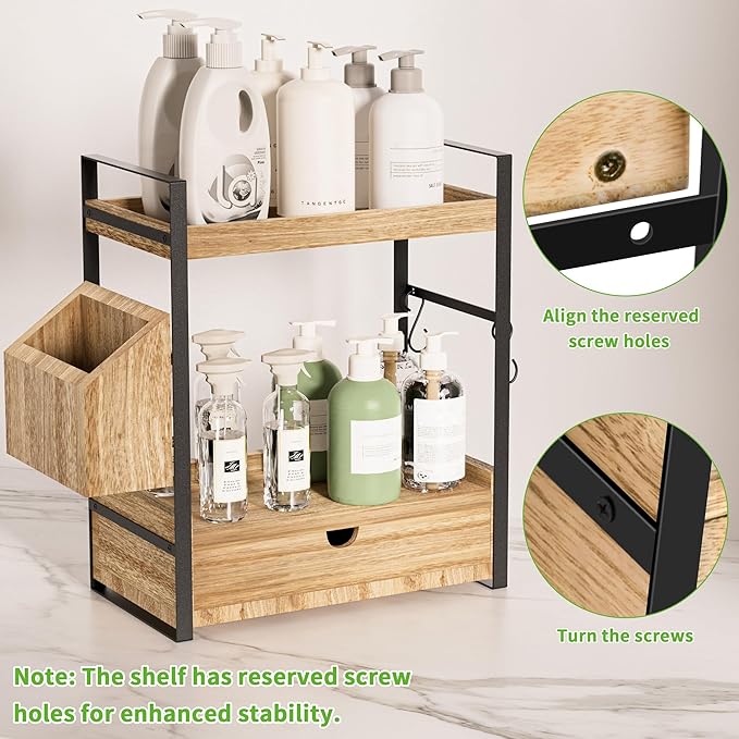Kottwca 2-Tier Bathroom Counter Organizer with Drawer, Basket & Hooks, Wooden Vanity Shelf for Skincare, Perfume & Makeup Storage(Light Brown)