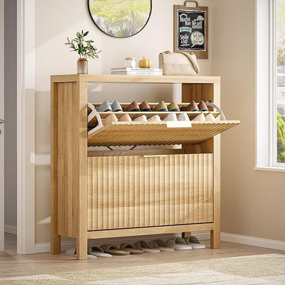 YOMILUVE Shoe Cabinet Storage for Entryway, Fluted Shoe Cabinet with 2 Flip Drawers, Hidden Shoe Rack Tall Freestanding Shoe Organizer with Legs for Hallway, Oak