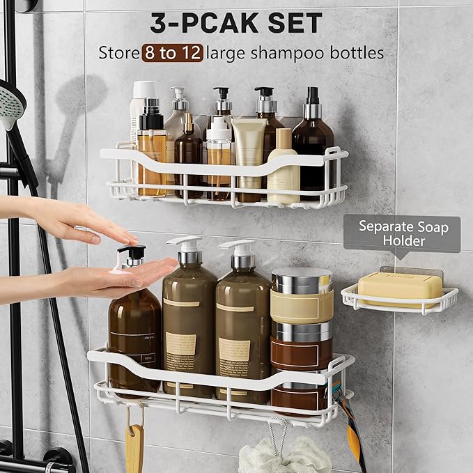 OMAIRA 3-Pack Shower Caddy with Soap Holder, Adhesive Rustproof No-drill Strudy Loading Inside Shower Organizer Shelves Rack Storage Bathroom Organization for Smooth Wall Glass Tile, White (X-Large)