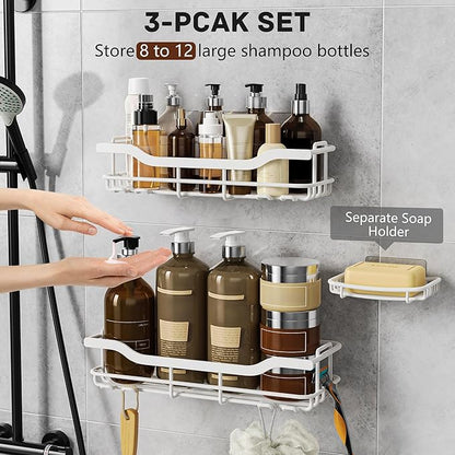 OMAIRA 3-Pack Shower Caddy with Soap Holder, Adhesive Rustproof No-drill Strudy Loading Inside Shower Organizer Shelves Rack Storage Bathroom Organization for Smooth Wall Glass Tile, White (X-Large)