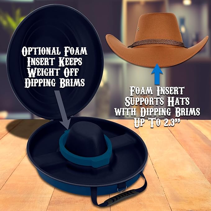 CASEMATIX Cowboy Hat Box and Portable Cowboy Hat Storage for Brims Up To 4.75" - Hard Shell Cowboy Hat Case with Carry Strap, ID Slot and Foam Insert for Dipping Brims, Blue