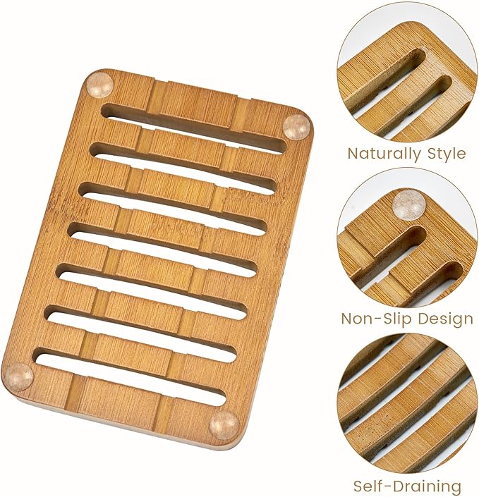 Slotted Bar Wood Soap Dish Self Draining, Wooden Sponge Holder, 1 Pack Curved Slotted Bamboo Soap Dish with Drainage for Shower, Bathroom, Kitchen, Sink, Travel, Packed in A Box (Warm Brown)