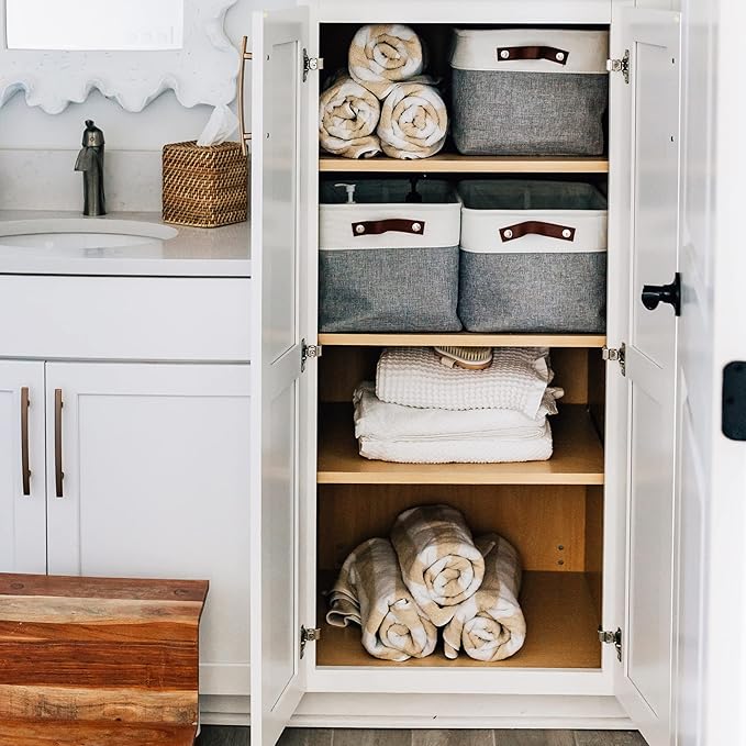 OrganiHaus 15x11in Canvas Storage Baskets 3 Pack | LARGE Fabric Bins for Shelves | Closet & Bedroom Storage | Gray/Off-White