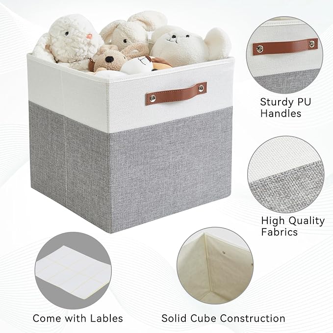 Bagnizer Collapsible Fabric Storage Cube Bins with 2 Reinforced PU Handles, Foldable Storage Organizer Baskets for Closet, Shelves, Living Room | 11"x11"x11", 4 Pack, Gray & White