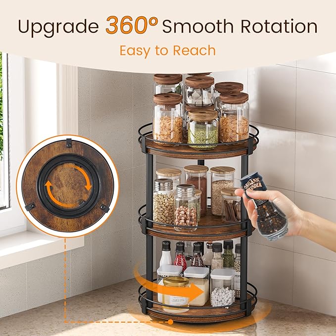 Snughome Lazy Susan Organizer, 3 Tier Rotating Spice Rack, Turntable Lazy Susan Kitchen Countertop Organizer, 10.2" x 10.2" x 18.5", Rustic Brown