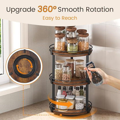 Snughome Lazy Susan Organizer, 3 Tier Rotating Spice Rack, Turntable Lazy Susan Kitchen Countertop Organizer, 10.2" x 10.2" x 18.5", Rustic Brown