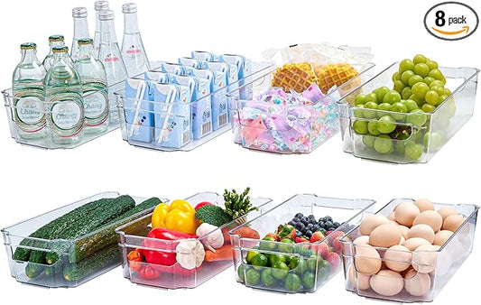 JollyPack 8 Pack Clear Plastic Storage Bins, Pantry Organizers and Storage with Handles, Clear Storage Containers for Fridge, Kitchen, Cabinet, Bathroom and Office