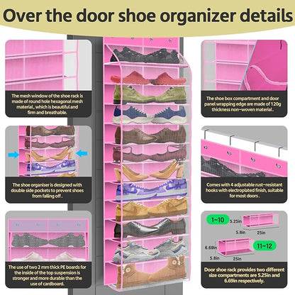 PAULONE 12 Pocket Over the Door Shoe Organizer,Reusable Breathable Large Mesh Bag Men's & Women's Sneaker Organizer,Shoe Organizer for Kids,Hanging Shoe Storage Hanging Bag (Pink)